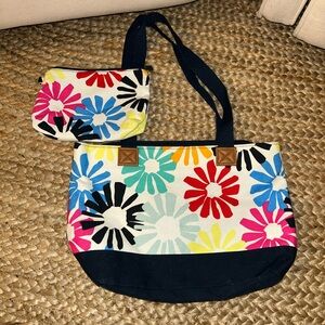Thirty-One Floral Zippered Purse and Matching Pouch Navy White Pink Aqua Green